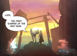  4girls armored_bodysuit at2. bandaged_leg bandaged_stomach bandaged_waist bandages bare_shoulders black_gloves blonde_hair breasts cecil_(nikke) cloak clothing_cutout coat ghost gloves goddess_of_victory:_nikke hat highres holding holding_weapon jingasa large_breasts large_hat leg_cutout long_braid long_hair mechanical_arms merryweather multiple_girls nun nun_headdress pioneer_(nikke) rapunzel_(nikke) scarlet_(nikke) shirt snow_white_(heavy_arms)_(nikke) snow_white_(nikke) sword torn_cloak torn_clothes very_long_hair visor_(armor) weapon white_cloak white_hair yellow_eyes 