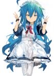  1girl :3 absurdres ahoge bangs blue_eyes blue_hair closed_mouth double_v hair_between_eyes heart highres izumi_konata kaamin_(mariarose753) long_hair long_sleeves lucky_star maid maid_headdress simple_background smile solo standing v white_background wristband 