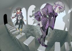  2boys absurdres arm_up backrooms_(creepypasta) black_coat black_hair boots camcorder camera coat commentary fisheye foreshortening full_body fuwa_minato fuwa_minato_(1st_costume) hair_between_eyes hand_in_pocket highres holding holding_camera indoors jacket kome_non looking_to_the_side male_focus mashiro_meme mashiro_meme_(1st_costume) multicolored_hair multiple_boys nijisanji open_clothes open_coat open_jacket purple_jacket quilted_jacket red_scarf scarf shadow short_hair standing standing_on_one_leg streaked_hair symbol-only_commentary tile_wall tiles two_side_up video_camera violet_eyes virtual_youtuber water white_hair yellow_boots yellow_eyes 