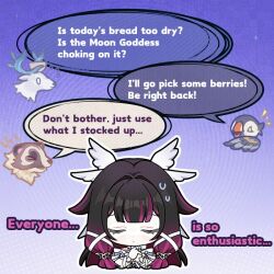  1girl animal badger bird black_hair chibi closed_eyes closed_mouth columbina_(genshin_impact) commentary deer english_commentary english_text eye_mask feathered_wings genshin_impact hair_ornament head_wings long_hair mask multicolored_hair official_art pink_hair speech_bubble streaked_hair two-tone_hair white_mask white_wings wings x-shaped_eyewear 