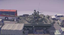  2boys 3girls b1-517 borrowed_character brown_hair bus camouflage cannon car caterpillar_tracks clothesline glasses guitar gun helmet highres instrument machine_gun military_vehicle motor_vehicle multiple_boys multiple_girls original panties pk_machine_gun reactive_armor red_eyes road shirt smoke_grenade_launcher t-72 tank tank_helmet tank_top traffic_jam underwear unworn_clothes weapon zhenya_(laitumidane) 