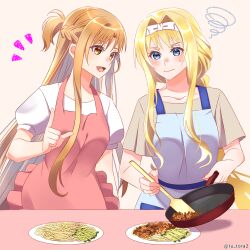  2girls :d alice_zuberg apron artist_name asuna_(sao) blonde_hair blue_eyes blush braid braided_ponytail breasts brown_eyes brown_hair brown_shoes closed_mouth collarbone commentary_request concentrating cooking food_request frown hair_intakes half_up_half_down_braid hand_up hands_up headband highres holding holding_pan holding_spatula long_hair long_sidelocks low_ponytail medium_breasts multiple_girls notice_lines open_mouth pink_apron ponytail shirt shoes short_sleeves sidelocks simple_background smile spatula spiral sweatdrop sword_art_online sword_art_online:_alicization tu_tora2 twitter_username upper_body white_apron white_background white_headband white_shirt wooden_spatula 