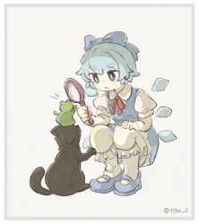  1girl animal aqua_hair black_cat blue_bow blue_dress blue_eyes blue_shoes bow cat chigu cirno closed_mouth collared_shirt commentary_request dress frog full_body hair_bow hand_on_own_knee highres holding holding_magnifying_glass kneehighs magnifying_glass mary_janes neck_ribbon puffy_short_sleeves puffy_sleeves red_ribbon ribbon shirt shoes short_hair short_sleeves socks solo squatting touhou twitter_username white_shirt white_socks 