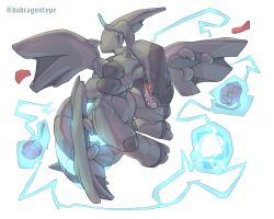  absurdres claws colored_sclera commentary dadragontype2 dragon electricity english_commentary fangs flower highres no_humans open_mouth pokemon pokemon_(creature) pokemon_focus red_eyes red_sclera solo zekrom 