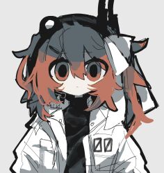  1girl a.i._voice adachi_rei black_shirt closed_mouth expressionless grey_background hair_between_eyes hair_ribbon headlamp headset highres hood hood_down hooded_jacket inm_6904 jacket light_frown long_hair long_sleeves looking_at_viewer medium_hair messy_hair open_clothes open_jacket orange_hair radio_antenna revision ribbon shirt simple_background solo straight-on thick_outlines turtleneck upper_body utau white_jacket white_ribbon 