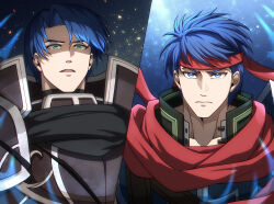  2boys armor blue_eyes blue_hair closed_mouth commentary_request fire_emblem fire_emblem:_radiant_dawn green_eyes headband highres ike_(fire_emblem) ike_(vanguard_legend)_(fire_emblem) male_focus multiple_boys parted_lips red_headband short_hair split_screen spoilers tellius_forever zelgius_(fire_emblem) zelgius_(jet-black_general)_(fire_emblem) 