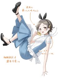  1girl absurdres alternate_hair_length alternate_hairstyle black_hairband black_shoes blue_dress blush commentary_request doughnut dress enu_illustip eyelashes food full_body gakuen_idolmaster grey_eyes grey_hair hairband highres holding holding_donut holding_food idolmaster kuramoto_china open_mouth shoes short_hair short_sleeves simple_background smile solo teeth translation_request upper_teeth_only white_background 