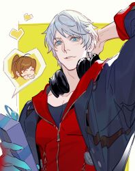  1boy 1girl :3 absurdres aqua_eyes arm_behind_head blue_eyes blue_jacket border box brown_hair chinese_commentary closed_eyes commentary_request couple devil_may_cry_(series) devil_may_cry_4 gift gift_box grey_hair hair_between_eyes headphones headphones_around_neck highres holding holding_gift hood hoodie jacket kyrie_(devil_may_cry) long_hair nero_(devil_may_cry) parted_lips ponytail red_hoodie short_hair upper_body warsong_zhange white_border yellow_background 