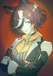  1girl absurdres animal_ears asymmetrical_gloves bare_shoulders black_choker black_gloves blue_necktie breasts brown_hair choker collared_shirt commentary detached_sleeves ear_ornament english_commentary eyepatch gloves hair_between_eyes hair_over_one_eye highres horse_ears horse_girl jacket long_sleeves looking_at_viewer mismatched_gloves multicolored_hair necktie orange_shirt parted_lips peemy pendant_choker shirt short_hair sleeveless sleeveless_jacket smile solo streaked_hair tanino_gimlet_(embodiment_of_keravnos)_(umamusume) tanino_gimlet_(umamusume) umamusume upper_body white_gloves white_hair yellow_eyes yellow_shirt 