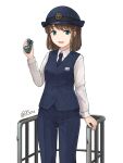  1girl 8sets :d artist_name bangs blue_headwear blue_necktie blue_pants blue_vest brown_hair commentary_request green_eyes hair_ornament hairclip highres holding looking_at_viewer necktie open_mouth original pants pocket shirt short_hair smile solo twitter_username vest watermark white_shirt 