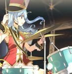  1girl aoiro_050 armor bang_dream! blue_hair blurry depth_of_field drum drum_set drumming drumsticks hat highres indoors instrument long_hair matsubara_kanon music open_mouth pauldrons playing_instrument profile shoulder_armor side_ponytail solo sweat upper_body violet_eyes wrist_cuffs 