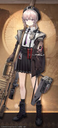  1girl ahoge anti-materiel_rifle bag beret black_bow black_gloves black_hat black_necktie black_skirt black_socks bolt_action bow brown_jacket chest_strap cheyanne_(girls'_frontline_2) cheytac_m200 chinese_commentary collared_shirt commentary_request copyright_notice full_body girls'_frontline_2:_exilium girls_frontline gloves grey_hair gun hair_between_eyes hat highres holding holding_bag id_card jacket long_hair long_sleeves low_ponytail m200_(girls'_frontline) magazine_(weapon) necktie official_art official_wallpaper open_clothes open_jacket pleated_skirt ponytail rifle shirt sidelocks skirt sniper_rifle socks solo standing walkie-talkie weapon white_shirt zoom_layer 