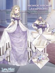  1girl artist_request bare_arms bare_shoulders blonde_hair bow brown_eyes carpet character_name checkered_floor choker close-up closed_mouth copyright_logo curtsey detached_sleeves diamond_(shape) dot_nose dress english_text eyelashes floral_print full_body gown grand_piano hair_bow hallway happy indoors instrument lace-trimmed_choker lace-trimmed_dress lace-trimmed_sleeves lace_bow lace_trim layered_dress light_blush logo long_hair miracle_nikki monochrome_symphony_(miracle_nikki) nikki_(series) official_art piano piano_print pillar print_dress print_sleeves puffy_short_sleeves puffy_sleeves purple_bow purple_choker purple_dress purple_sleeves short_sleeves sidelocks skirt_hold smile solo standing swept_bangs tareme third-party_source two-tone_sleeves very_long_hair wavy_hair white_dress white_sleeves 