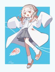  1girl :d absurdres aida_(aidia) blonde_hair blue_background border bright_pupils brown_sandals collared_shirt commentary_request dot_nose full_body grey_skirt hands_up highres lab_coat long_hair long_sleeves open_mouth original outside_border pleated_skirt red_eyes sandals shirt shrimp skirt sleeves_past_fingers sleeves_past_wrists smile socks solo white_border white_pupils white_shirt white_socks wide_sleeves 