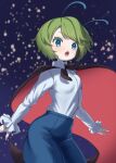  1girl :o absurdres antennae bangs black_cape black_shorts blue_eyes blush breasts cape collared_shirt commentary_request e_sdss green_hair grin high-waist_pants highres juliet_sleeves long_sleeves looking_at_viewer open_mouth puffy_sleeves red_cape shirt short_hair shorts small_breasts smile solo touhou two-sided_cape two-sided_fabric white_background white_shirt wriggle_nightbug 