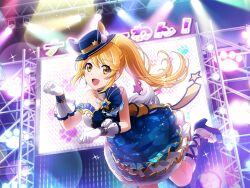  1girl animal_ear_headwear animal_ears blonde_hair blue_dress blue_hat blue_shoes cat_ears dress earrings frilled_dress frills game_cg gloves hat high_heels jewelry long_hair looking_at_viewer official_art ootsuki_aruru open_mouth paw_pose ponytail screen shoes shoujo_kageki_revue_starlight shoujo_kageki_revue_starlight_-re_live- sidelocks socks solo stage stage_lights standing standing_on_one_leg strapless strapless_dress upper_body white_gloves white_socks yellow_eyes 