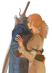  1boy 1girl absurdres black_gloves blue_coat brown_hair claymore_(sword) coat couple devil_may_cry_(series) devil_may_cry_5 dress fingerless_gloves gloves grey_hair hetero high_ponytail highres hood hood_down hug kyrie_(devil_may_cry) nero_(devil_may_cry) ponytail shade simple_background sleeves_rolled_up waltherp38 weapon white_background 