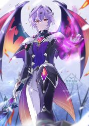  1boy athame_artis_(genshin_impact) black_boots black_coat black_shirt boots chest_jewel closed_mouth coat commentary_request crossed_bangs dragon_boy dragon_wings durin_(genshin_impact) gem genshin_impact gloves hair_between_eyes heart-shaped_gem highres holding holding_sword holding_weapon looking_at_viewer male_focus medium_hair necoco112061 pink_gem purple_hair purple_vest red_eyes shirt solo sword twitter_username two-sided_coat two-sided_fabric vest watermark weapon white_gloves wings 