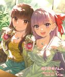  2girls :d bare_shoulders bb_(fate) breasts brown_eyes brown_hair commentary_request cup denim detached_sleeves dress drinking_straw fate/extra fate/extra_ccc fate_(series) frappuccino hair_ribbon highres holding holding_cup jeans jewelry kishinami_hakuno_(female) long_hair looking_at_viewer medium_breasts multiple_girls nail_polish necklace pants purple_hair red_ribbon ribbon shirt signature smile tetsukuzu_tetsuko violet_eyes white_dress yellow_shirt 