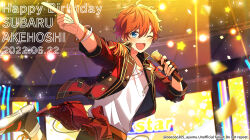  1boy akehoshi_subaru arm_up belt black_gloves blue_eyes blush character_name commentary confetti dated english_commentary ensemble_stars! finger_gun fingerless_gloves gloves happy_birthday highres holding holding_microphone jacket light_rays long_sleeves looking_at_viewer male_focus microphone mikawa_ayumu one_eye_closed open_clothes open_jacket open_mouth orange_belt outstretched_arm red_jacket shirt single_fingerless_glove smile solo stage_lights white_shirt 