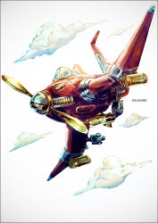  aerosmith_(stand) aircraft airplane bomb clouds cockpit commentary_request explosive flying gatling_gun jojo_no_kimyou_na_bouken jojo_pose k-suwabe minigun no_humans partial_commentary propeller simple_background stand_(jojo) vento_aureo wheel white_background 