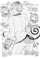  1boy :3 :d ^_^ animal_ears antenna_hair arched_back banana_hair_ornament blush blush_stickers bottomless chibi chibi_inset choppy_bangs chudooon closed_eyes collared_shirt commentary_request cowboy_shot crossed_bangs dress_pants ear_piercing earrings facing_back facing_viewer folded_fan folding_fan food-themed_hair_ornament from_behind fusion greyscale hair_between_eyes hair_ornament hand_fan highres holding holding_fan houndstooth inset_border jacket jewelry lapels legs_apart male_focus monkey_ears monkey_tail monkichi_(sanrio) monochrome multicolored_hair multiple_views musical_note necktie nurude_sasara nurude_sasara_(sanrio_nakayoku_edit) open_mouth outline outside_border piercing sanrio shirt short_hair smile star_(symbol) star_symbol_background stud_earrings suit suit_jacket tail v-shaped_eyebrows very_short_hair white_background white_outline 