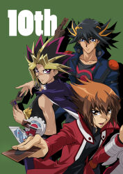  3boys anniversary arm_up black_shirt blue_coat blue_eyes brown_eyes brown_gloves brown_hair card coat colored_bangs duel_disk facial_mark facing_another facing_to_the_side fudo_yusei gloves green_background hair_slicked_back holding holding_card jacket jacket_on_shoulders male_focus millennium_puzzle multiple_boys muto_yugi numbered open_clothes open_coat outstretched_arm popped_collar red_coat red_eyes shirt shoulder_pads sleeveless sleeveless_shirt spiky_hair tom_(leciel2010) toned toned_male turning_head unworn_jacket upper_body white_trim yu-gi-oh! yu-gi-oh!_3d_bonds_beyond_time yu-gi-oh!_5d's yu-gi-oh!_duel_monsters yu-gi-oh!_gx yuki_judai 
