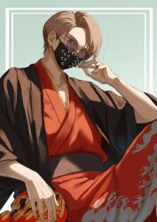  1boy brown_eyes brown_hair cigarette commentary_request holding holding_cigarette japanese_clothes kagami_hayato kimono looking_at_viewer magurosamm male_focus mask mouth_mask nijisanji red_kimono round_eyewear short_hair sitting smoking solo studded_mask virtual_youtuber wide_sleeves 