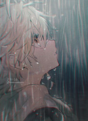  1boy aether_(genshin_impact) blonde_hair chromatic_aberration commentary_request dated film_grain from_side genshin_impact highres long_hair looking_up male_focus parted_lips rain scarf solo tanjou twitter_username upper_body water_drop white_scarf yellow_eyes 