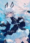  1girl :o artist_name bangs black_dress dress fish frilled_dress frills highres long_hair long_sleeves looking_at_viewer open_mouth original qqqne solo underwater violet_eyes water white_hair 