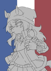  1girl animal_ears beanie beer_hsk ears_through_headwear fingerless_gloves french_flag gloves hat headphones headphones_around_neck horse_ears horse_girl horse_tail jacket long_hair long_sleeves nakayama_festa_(umamusume) open_clothes open_jacket pleated_skirt puffy_long_sleeves puffy_sleeves skirt solo sweat tail umamusume 