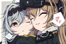 2girls absurdres black_jacket brown_eyes brown_hair cheek-to-cheek closed_eyes commentary g11_(girls'_frontline) girls'_frontline_2:_exilium girls_frontline grey_background grey_hair head-mounted_display heads_together highres hug jacket kakuzatou_(cubesugar03196) lenna_(girls'_frontline_2) long_sleeves mechty_(girls'_frontline_2) multiple_girls one_eye_closed parted_lips simple_background spoken_sweatdrop sweatdrop ump9_(girls'_frontline) 