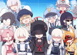  6+girls :3 :d animal_ears arius_student_(blue_archive) black_choker black_gloves black_hair black_sailor_collar black_serafuku black_shirt black_skirt blonde_hair blue_archive blue_gloves blue_hair blue_halo blue_necktie blue_sweater_vest bulletproof_vest cat_ears cat_girl character_request check_character chlorella_observation_club_member_(blue_archive) choker collarbone commentary commission double_v extra_ears faceless faceless_female fang genryumon_member_(blue_archive) gloves grey_halo halo hard_hat hat helmet highlander_railway_academy_student_(mg)_(blue_archive) highres hot_springs_department_member_(blue_archive) japanese_clothes justice_task_force_member_(blue_archive) kimono kurosaki_kousuke long_hair long_sleeves mask millennium_science_school_student_(blue_archive) millennium_science_school_student_a_(blue_archive) millennium_science_school_student_b_(blue_archive) multiple_girls neckerchief necktie open_mouth peaked_cap pink_hair pink_halo pink_kimono red_halo red_neckerchief sailor_collar sailor_shirt school_uniform serafuku shaded_face shirt short_hair skeb_commission skin_fang skirt sleeves_past_fingers sleeves_past_wrists smile street_mouryo_(rl)_(blue_archive) sweater_vest twintails v valkyrie_police_academy_student_(sg)_(blue_archive) white_gloves white_hair white_halo white_helmet white_shirt yellow_kimono 