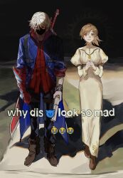  1boy 1girl angry boots brown_eyes brown_hair chinese_commentary commentary_request couple devil_may_cry_(series) dress english_text full_body grey_hair high_ponytail highres holding holding_own_hand jacket kyrie_(devil_may_cry) looking_at_viewer meme nero_(devil_may_cry) night open_mouth outdoors pants ponytail shade shaded_face shadow standing waltherp38 weapon why_dis_ninja_look_so_mad_(meme) 