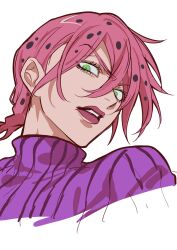  1boy cropped_shoulders diavolo double-parted_bangs eyelashes furrowed_brow green_eyes hair_between_eyes head_tilt highres jojo_no_kimyou_na_bouken kalugalu_1006 lips lipstick long_bangs looking_at_viewer looking_down makeup male_focus parted_lips pink_hair pink_lips pinstripe_pattern polka_dot polka_dot_hair purple_sweater simple_background solo sweater turtleneck turtleneck_sweater v-shaped_eyebrows vento_aureo vertical-striped_sweater vinegar_doppio white_background 
