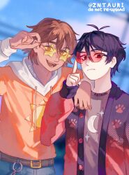  2boys adjusting_eyewear alternate_costume antenna_hair artist_name black_eyes black_hair blurry blurry_background brown_eyes brown_hair cardigan closed_mouth commentary dark-skinned_male dark_skin double-parted_bangs english_commentary highres hood hood_down hoodie index_finger_raised kel_(faraway)_(omori) kel_(omori) long_sleeves looking_at_viewer male_focus multiple_boys omori open_cardigan open_clothes open_mouth orange_hoodie red-tinted_eyewear short_hair star-shaped_eyewear star_(symbol) sunglasses sunny_(omori) teeth tinted_eyewear tongue yellow-tinted_eyewear zntauri 
