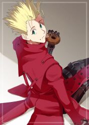  1boy absurdres blonde_hair commentary_request doughnut food food_on_face green_eyes grey_background highres holding holding_donut holding_food looking_at_viewer looking_back magurosamm male_focus prosthesis prosthetic_arm short_hair sitting solo spiky_hair trigun vash_the_stampede 