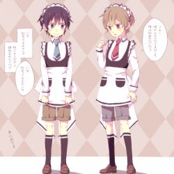  2boys apron black_hair black_socks blue_necktie boku_dake_ga_inai_machi brown_hair brown_shoes cocchi commentary_request crossdressing crossdressing_(mtf) dress fujinuma_satoru kobayashi_kenya loafers long_sleeves maid_headdress male_focus multiple_boys necktie red_necktie shirt shoes short_hair shorts_under_dress smile socks speech_bubble white_shirt 
