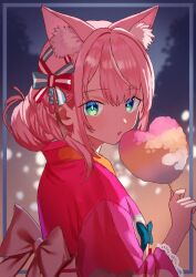  1girl absurdres animal_ear_fluff animal_ears blurry blurry_background cat_ears commentary_request cotton_candy extra_ears food green_eyes heart heart-shaped_food highres holding holding_cotton_candy holding_food inset_border japanese_clothes kimono looking_at_viewer magurosamm nijisanji parted_lips pink_hair pink_kimono solo virtual_youtuber yang_nari 