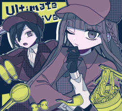  ! !! 1boy 1girl black_gloves black_hair blunt_bangs braid brown_eyes chopsticks collared_jacket collared_shirt commentary_request danganronpa:_trigger_happy_havoc danganronpa_(series) danganronpa_v3:_killing_harmony deerstalker detective eyelashes gloves hair_between_eyes hat highres jacket kirigiri_kyoko long_hair long_sleeves looking_at_viewer magnifying_glass milk_o necktie nissin_cup_noodle one_eye_closed open_mouth outline purple_hair saihara_shuichi shirt short_hair side_braid smoking_pipe thinking upper_body violet_eyes white_outline 
