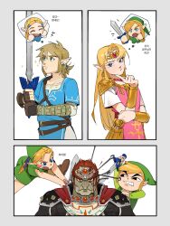  armor blonde_hair blood blood_on_face blue_eyes blue_tunic champion's_tunic_(zelda) circlet commentary_request curtained_hair dress earrings fingerless_gloves ganondorf gloves gold_bracer green_tunic highres holding holding_sword holding_weapon jewelry korean_commentary link long_hair master_sword pointy_ears princess_zelda red_hair shoulder_armor sidelocks ssuregigame super_smash_bros. sword the_legend_of_zelda the_legend_of_zelda:_a_link_between_worlds the_legend_of_zelda:_breath_of_the_wild the_legend_of_zelda:_ocarina_of_time the_legend_of_zelda:_the_wind_waker toon_link tunic weapon young_link 