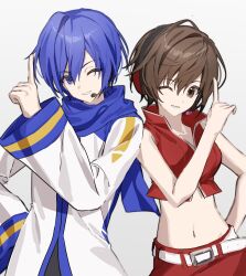 1boy 1girl belt blue_eyes blue_hair blue_scarf breasts brown_eyes brown_hair coat commentary crop_top derivative_work grin hand_on_own_hip headset hetero highres kaito kaito_(vocaloid) looking_at_viewer medium_breasts meiko meiko_(vocaloid) midriff miniskirt navel one_eye_closed red_shirt red_skirt scarf screenshot_redraw shirt short_hair skirt smile suj278 vocaloid white_belt white_coat