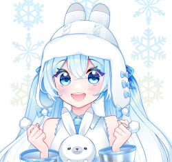  1girl :3 animal_hat aqua_hair blue_eyes blue_necktie blue_trim blush collared_shirt commentary_request detached_sleeves grey_sleeves hair_between_eyes hat hatsune_miku highres long_hair long_sleeves looking_at_viewer masumofu necktie official_alternate_costume open_mouth rabbit rabbit_hat rabbit_yukine shirt smile twintails very_long_hair vocaloid white_hat white_rabbit_(animal) white_shirt wide_sleeves yuki_miku yuki_miku_(2010) 