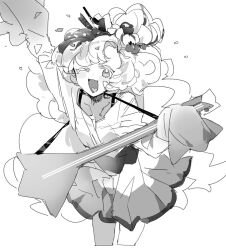  1girl ;d bad_id bad_twitter_id blush cookie_run cookie_run:_kingdom cropped_legs dress food-themed_hair_ornament greyscale guitar hair_ornament highres holding holding_guitar holding_instrument humanization idol idol_clothes inactive_account instrument long_hair long_sleeves monochrome nana_(ebitokanimiso) one_eye_closed painttool_sai_(medium) parfait_cookie simple_background sketch smile solo updo white_background 