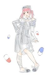  1girl animal_ear_headwear animal_ears asymmetrical_sleeves bandaged_leg bandages bare_shoulders beanie blue_choker bow brown_eyes buttons cat_ears chinese_commentary choker closed_mouth collar collarbone collared_dress commentary_request crossed_bandaids detached_collar dot_nose dress fake_animal_ears footwear_bow full_body grey_hat hand_on_own_hip happy hat highres infinity_nikki light_blush lipstick long_hair long_sleeves looking_ahead makeup medium_dress mismatched_sleeves nikki_(nikki) nikki_(series) off-shoulder_dress off_shoulder paperclip pill pink_hair pleated_dress pocket quirky_idea_(infinity_nikki) red_lips simple_background sleeve_cuffs sleeves_past_wrists slippers smile solo standing striped_clothes striped_dress tenshi_kaiwai twintails vertical-striped_clothes vertical-striped_dress white_background white_bow white_collar white_dress white_slippers xiyu5737 