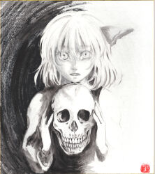  1girl absurdres commentary_request greyscale hair_ribbon highres holding holding_skull long_sleeves looking_at_viewer medium_hair monochrome ribbon rumia shikishi shirt skull solo sumi-e touhou traditional_media yuzuha_(yuzutime) 