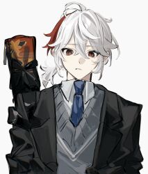  1boy absurdres blazer blue_necktie closed_mouth collared_shirt commentary_request genshin_impact grey_sweater hair_between_eyes highres instrument_case_on_back jacket kaedehara_kazuha looking_at_viewer male_focus multicolored_hair necktie ponytail red_eyes red_streaks shirt sho_yai simple_background solo streaked_hair sweater upper_body white_background white_hair white_shirt 