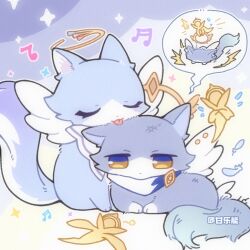  animal_ears animal_hands animalization artist_name blue_fur brother_and_sister cat cat_ears cat_paws chinese_commentary closed_eyes commentary_request feathered_wings fluffy_tail ganleneng halo honkai:_star_rail honkai_(series) jewel_under_eye licking multicolored_eyes musical_note neckerchief piercing robin_(honkai:_star_rail) siblings sparkle sunday_(honkai:_star_rail) two-tone_eyes wings 
