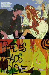 1boy 1girl absurdres baboogii black_hair black_jacket black_nails black_shirt blue_eyes blue_sky body_freckles boots breasts cheek-to-cheek chest_freckles cigarette clouds cloudy_sky cocktail cocktail_glass cross cross_earrings cup dress drinking_glass earrings elbow_on_table empty_eyes english_text expressionless face-to-face face_piercing flower freckles green_dress green_eyes green_headband grin hand_on_another's_chin headband heads_together high_collar highres hippie holding holding_cigarette hoop_earrings index_finger_raised jacket jewelry knee_boots latin_cross layered_shirt long_bangs long_fingernails long_hair long_sleeves looking_ahead looking_at_another looking_at_viewer lyrics messy_hair mountainous_horizon multiple_views nose_piercing nose_ring open_clothes open_jacket open_mouth original pants parted_bangs parted_lips piercing print_dress punk purple_boots red_hair red_shirt ringed_eyes shirt short_dress short_hair sky small_breasts smile smoke smoke_trail tan thigh_freckles torn_clothes torn_shirt two-tone_dress v-shaped_eyebrows very_long_hair wavy_hair white_dress white_flower white_pants wide_sleeves