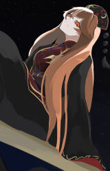  1girl belt black_belt black_dress black_hat black_sky breasts chinese_clothes closed_mouth commentary_request crescent crescent_print dalachi_(headdress) dress empty_eyes hair_between_eyes hat highres junko_(touhou) long_hair long_sleeves looking_at_viewer mandarin_collar medium_breasts orange_hair outdoors phoenix_print pom_pom_(clothes) red_eyes red_tabard ringed_eyes sitting sky smile solo space star_(sky) starry_sky tabard tassel torimiya touhou wide_sleeves 
